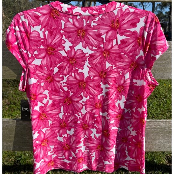 INC Womens Pink Floral Lace-Up Knit Top Size 0X Polyester/Spandex Short Sleeve - Picture 2 of 5